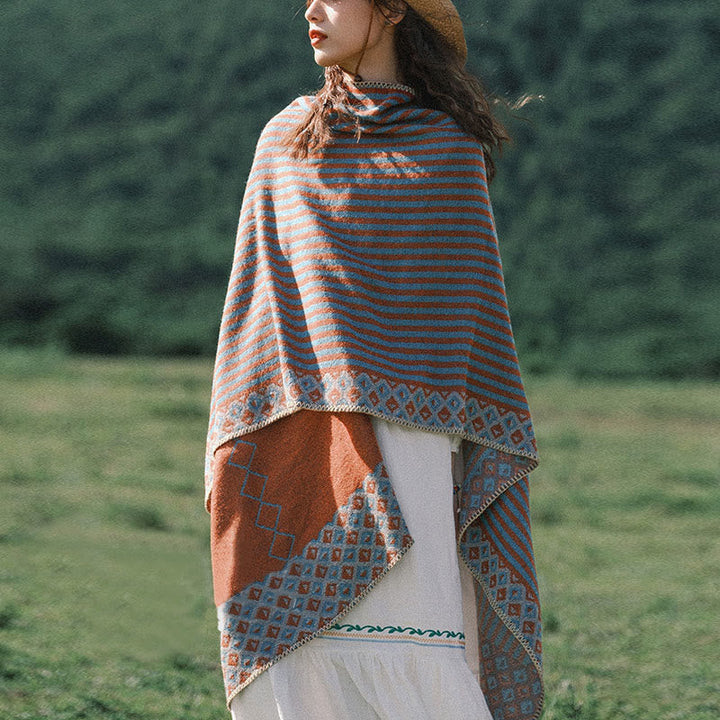 BWOOOH Tibetan Shawl Striped Diamond Pattern Winter Warm 