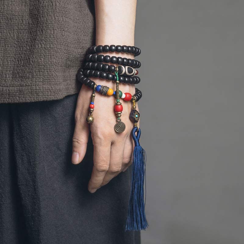 BWOOOH 108 Beads Mala Ebony Wood Dzi Bead Copper Balance Tassel Bracelet