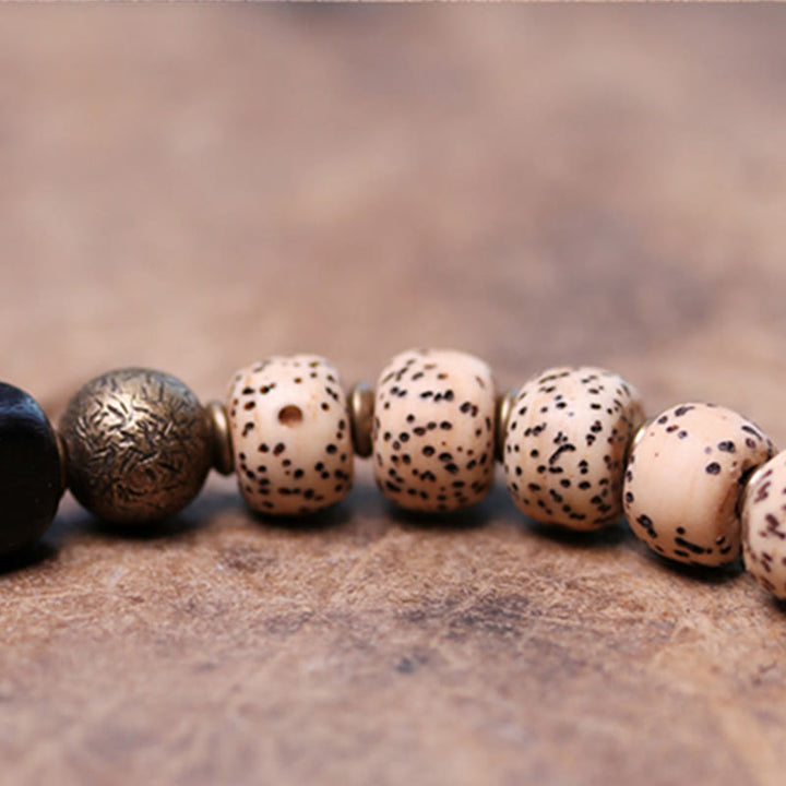 BWOOOH Tibetan Bodhi Seed Black Obsidian Ebony Wood Copper Peace Bracelet