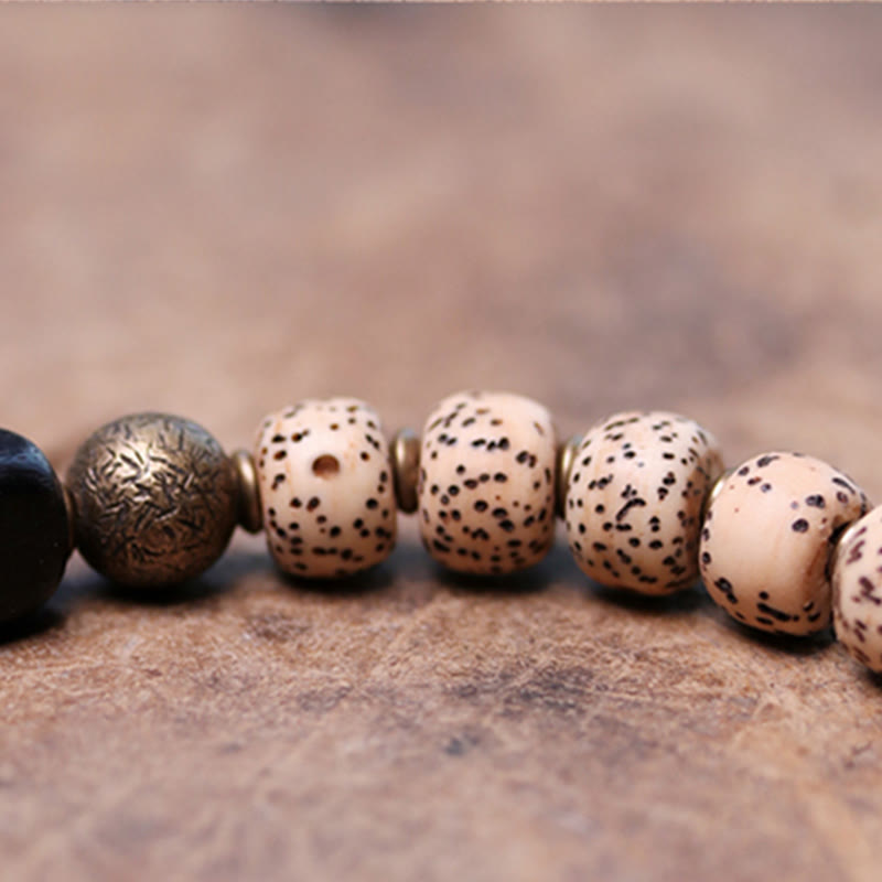 BWOOOH Tibetan Bodhi Seed Black Obsidian Ebony Wood Copper Peace Bracelet