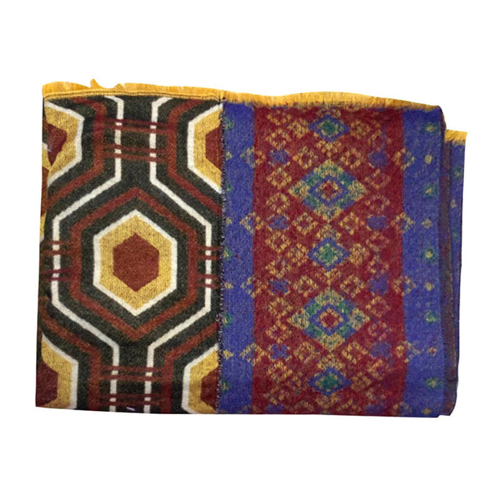 BWOOOH Tibetan Shawl Brown Blue Red Geometric Shapes Patt