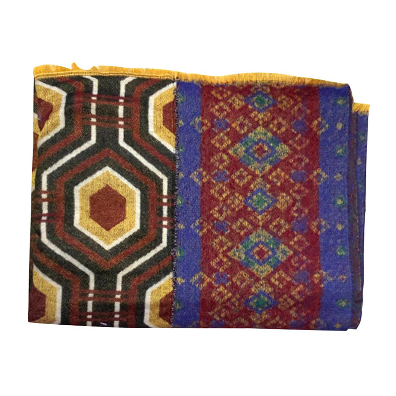BWOOOH Tibetan Shawl Brown Blue Red Geometric Shapes Patt