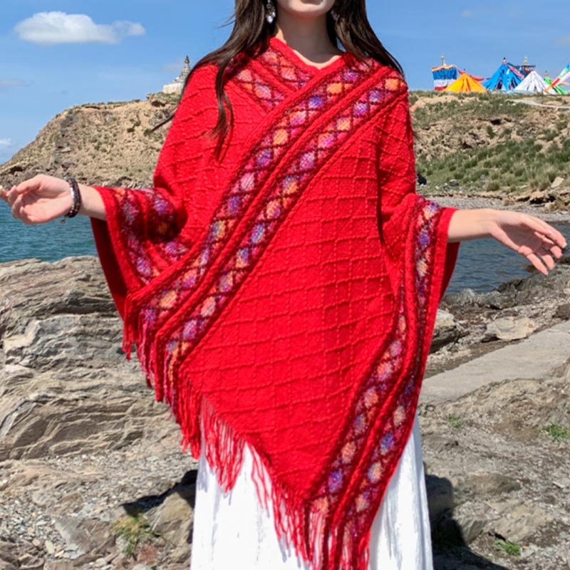 BWOOOH Tibetan Colorful Striped Rhombus Pattern Shawl Tas