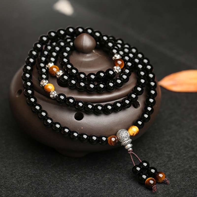 BWOOOH Black Obsidian Tiger Eye Blessing Mala Bracelet