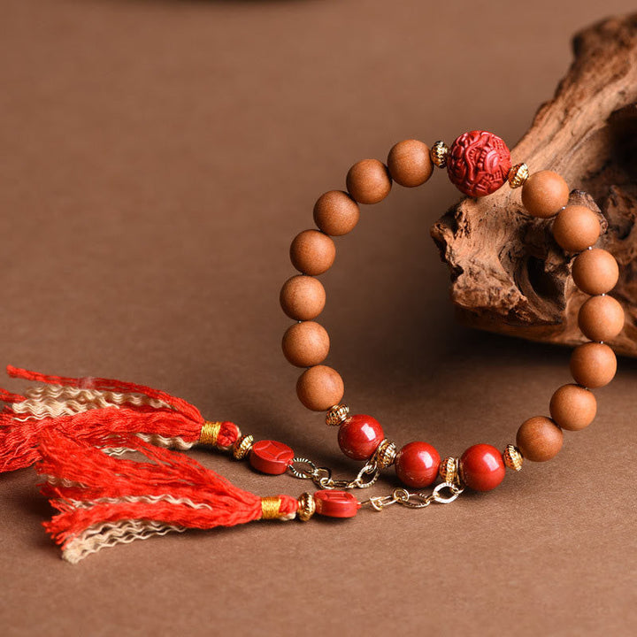 BWOOOH Tibetan Natural Peach Wood Cinnabar PiXiu Wealth Tassels Bracelet