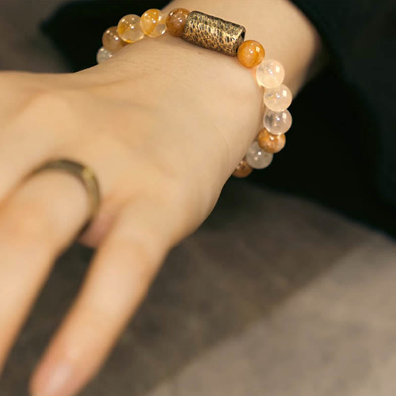 BWOOOH White Crystal Red Hematoid Quartz Gold Rutilated Quartz Purple Phantom Protection Bracelet