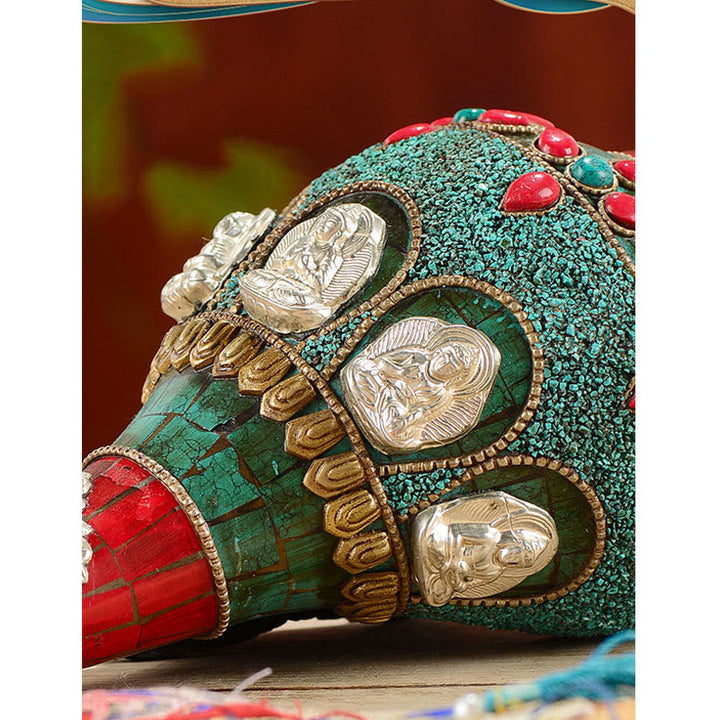 BWOOOH Tibetan Handmade Shankha Om Mani Padme Hum Buddha Avalokitesvara Turquoise Conch | Turquoise