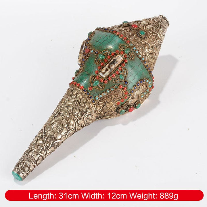 Buddha Stones Tibetan Handmade Engraved Shankha Double Dorje Buddha Conch Shell Wealth Positive Decoration