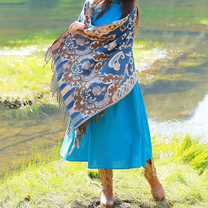 BWOOOH Tibetan Flowers Leaves Branch Design Tassel Shawl 