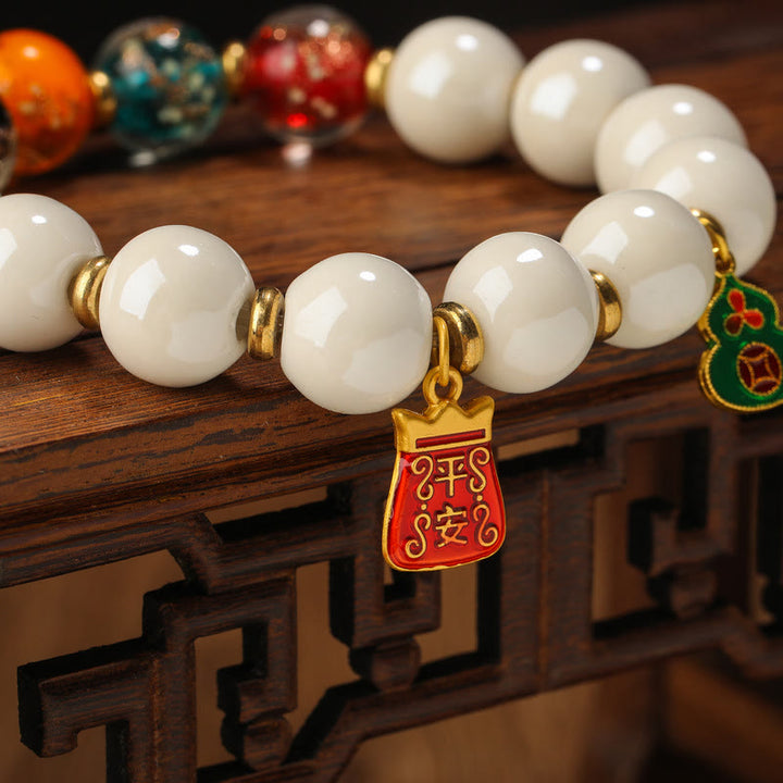 BWOOOH Tibetan Incense Ash Porcelain Luminous Fluorescent Liuli Glass Bead Gourd Copper Coin Charm Peace Bracelet