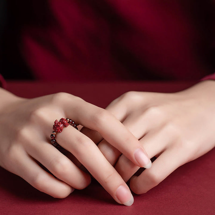 BWOOOH Garnet Cinnabar Lucky Bead PiXiu Om Mani Padme Hum Rose Protection Ring