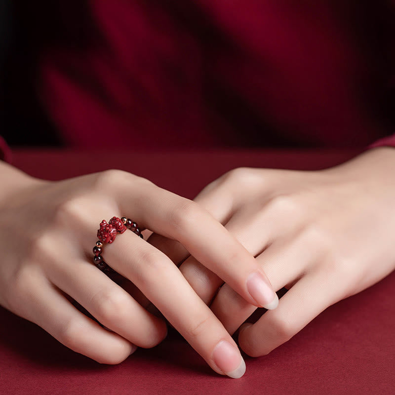 BWOOOH Garnet Cinnabar Lucky Bead PiXiu Om Mani Padme Hum Rose Protection Ring