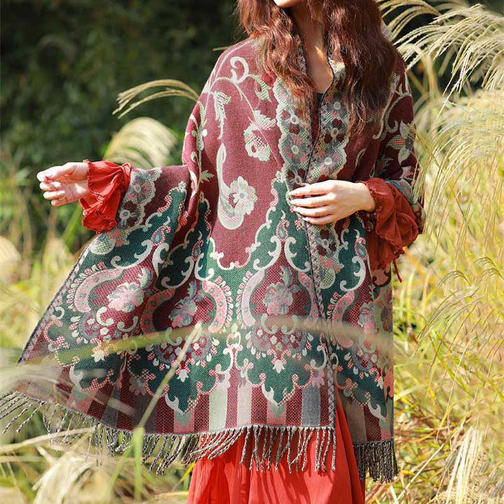 BWOOOH Tibetan Flowers Leaves Branch Design Tassel Shawl 