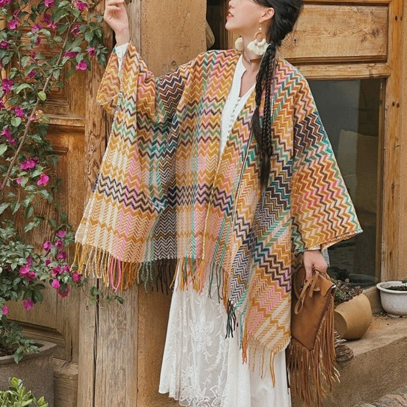 BWOOOH Tibetan Shawl Colorful Wavy Striped Shapes Tassels