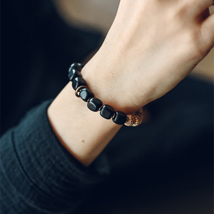 BWOOOH Tibetan Bodhi Seed Black Obsidian Ebony Wood Copper Peace Bracelet