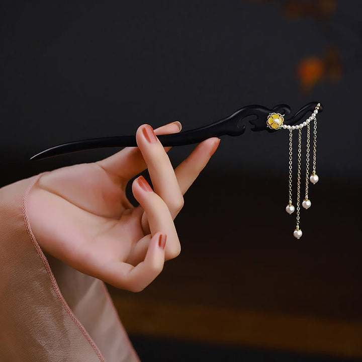 BWOOOH Ebony Wood Yellow Flower Pearl Tassels Hairpin
