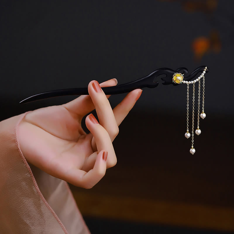 BWOOOH Ebony Wood Yellow Flower Pearl Tassels Hairpin