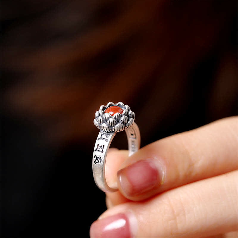 BWOOOH925 Sterling Silver Lotus Red Agate Confidence Blessing Ring