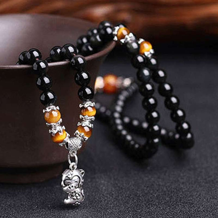 BWOOOH Chinese Zodiac 108 Beads Black Obsidian Tiger Eye Fortune Mala Bracelet