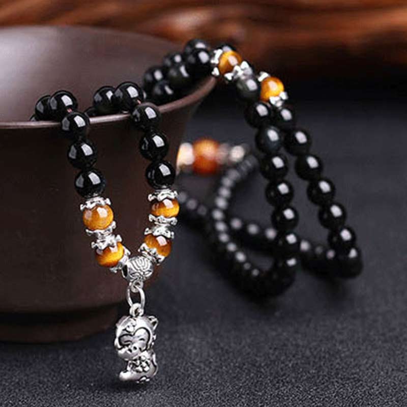 BWOOOH Chinese Zodiac 108 Beads Black Obsidian Tiger Eye Fortune Mala Bracelet