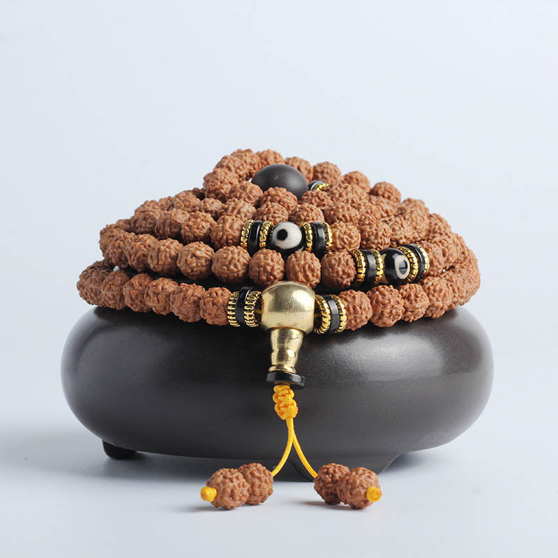 BWOOOH 108 Mala Beads Rudraksha Bodhi Seed Dzi Bead Luck Wealth Bracelet