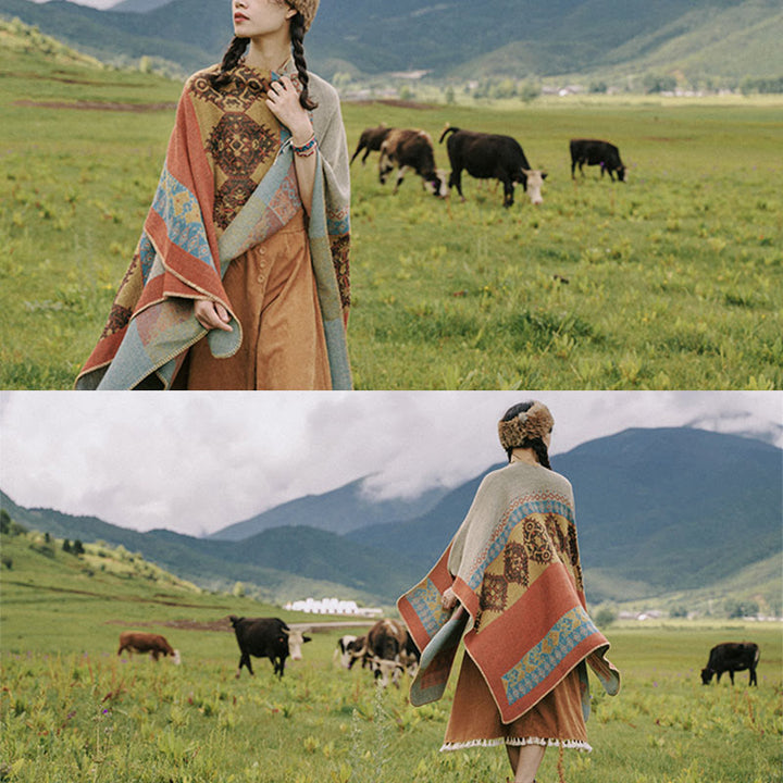 BWOOOH Tibetan Shawl Diamond Pattern Winter Warm Cloak Sc
