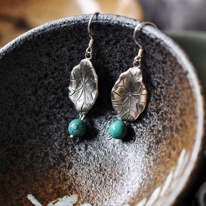 BWOOOH 925 Sterling Silver Turquoise Lotus Leaf Protection Drop Dangle Earrings