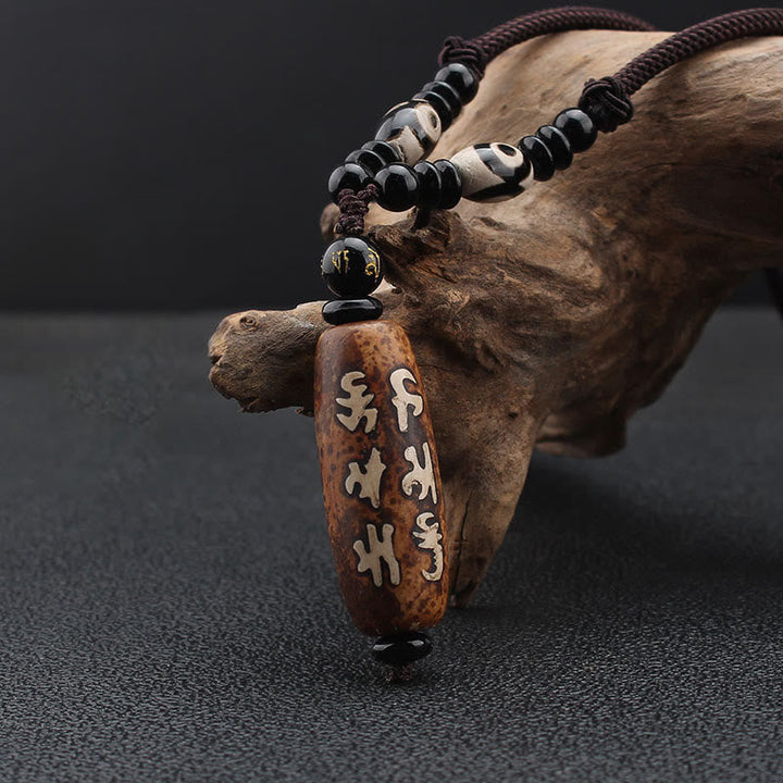 BWOOOH Tibet Om Mani Padme Hum Dzi Bead Avalokitesvara Pattern Wealth Necklace Pendant