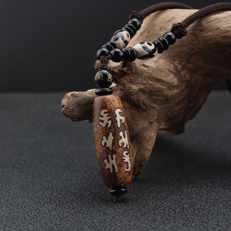 BWOOOH Tibet Om Mani Padme Hum Dzi Bead Avalokitesvara Pattern Wealth Necklace Pendant