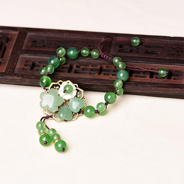 BWOOOH Natural Green Jade Luck Dangling Flower Bracelet