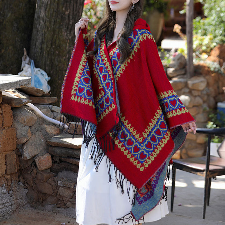 BWOOOH Tibetan Shawl Red Love Heart Tassel Hooded Cloak W