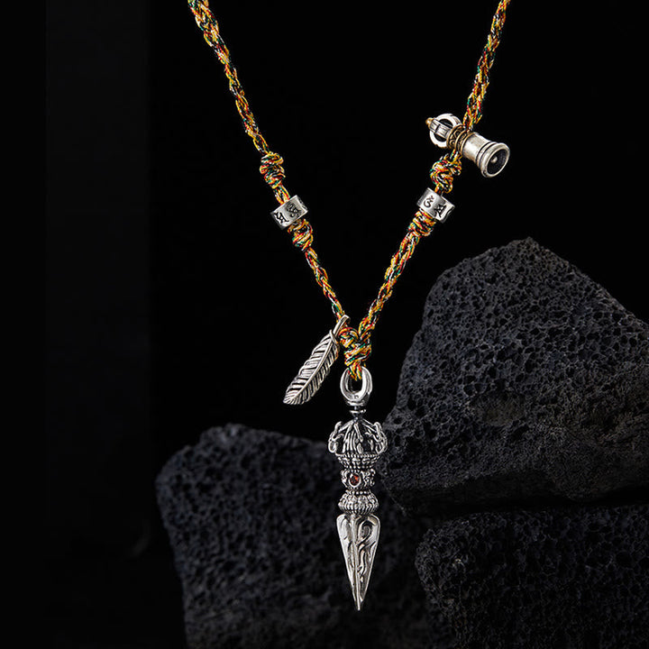 BWOOOH Tibetan Handmade 925 Sterling Silver Dorje Vajra Om Mani Padme Hum Feather Strength Necklace Pendant