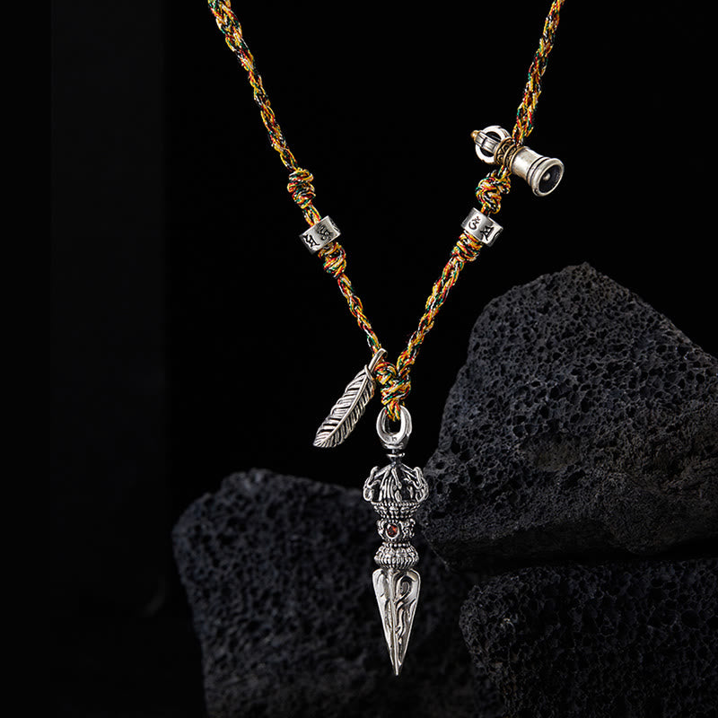 BWOOOH Tibetan Handmade 925 Sterling Silver Dorje Vajra Om Mani Padme Hum Feather Strength Necklace Pendant