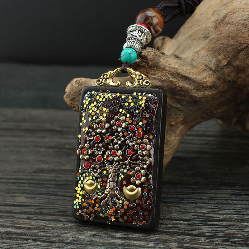 BWOOOH Tibet God Of Wealth Money Tree Golden Phoenix Thangka Ebony Peace Necklace Pendant