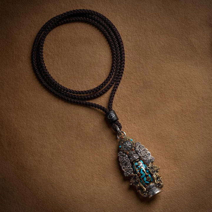 Buddha Stones Tibetan Nine-Eye Dzi Bead Turquoise Buddha Wealth Rotation Necklace (Extra 30% Off | USE CODE: FS30)