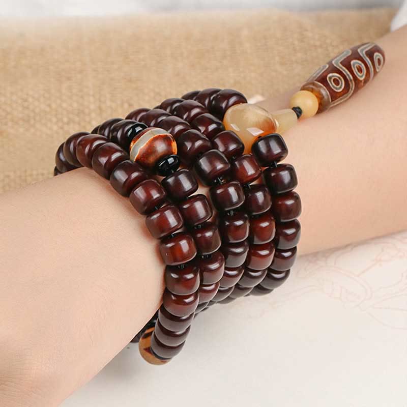 BWOOOH 108 Mala Beads Three-eyed Dzi Bead Nine-eye Dzi Bead Jade Luck Bracelet