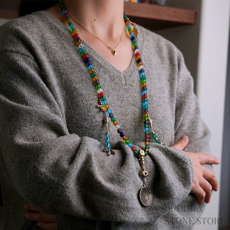 BWOOOH Tibetan 108 Mala Beads Multicolored Liuli Glass Bead Chinese Zodiac Nine Palaces Eight Diagrams Charm Bracelet