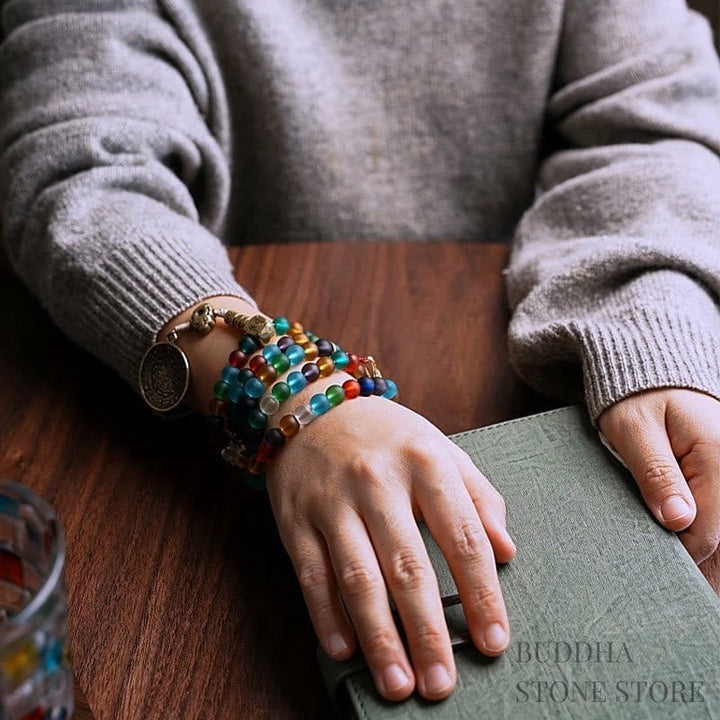 BWOOOH Tibetan 108 Mala Beads Multicolored Liuli Glass Bead Chinese Zodiac Nine Palaces Eight Diagrams Charm Bracelet