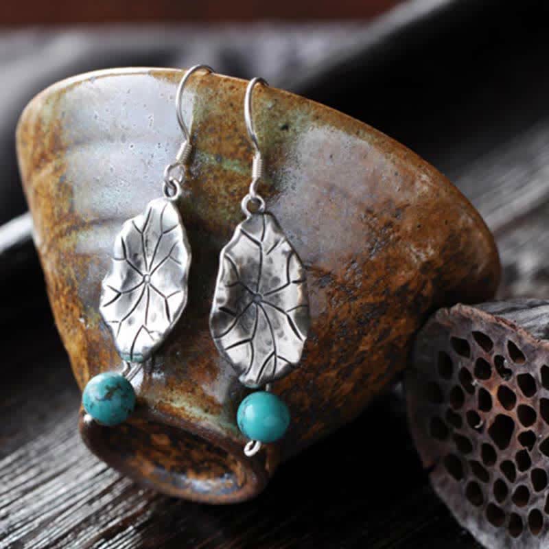 BWOOOH 925 Sterling Silver Turquoise Lotus Leaf Protection Drop Dangle Earrings