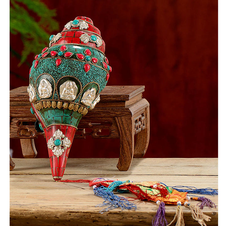 BWOOOH Tibetan Handmade Shankha Om Mani Padme Hum Buddha Avalokitesvara Turquoise Conch | Turquoise
