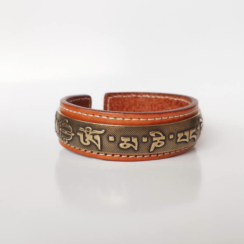 BWOOOH 2Pcs Om Mani Padme Hum Dragon Phoenix Copper Leather Peace Cuff Bracelet Bangle