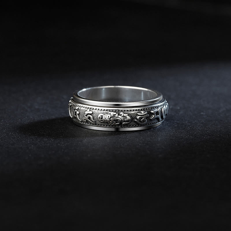 BWOOOH Tibetan Om Mani Padme Hum PiXiu Engraved Wealth Luck Rotatable Ring
