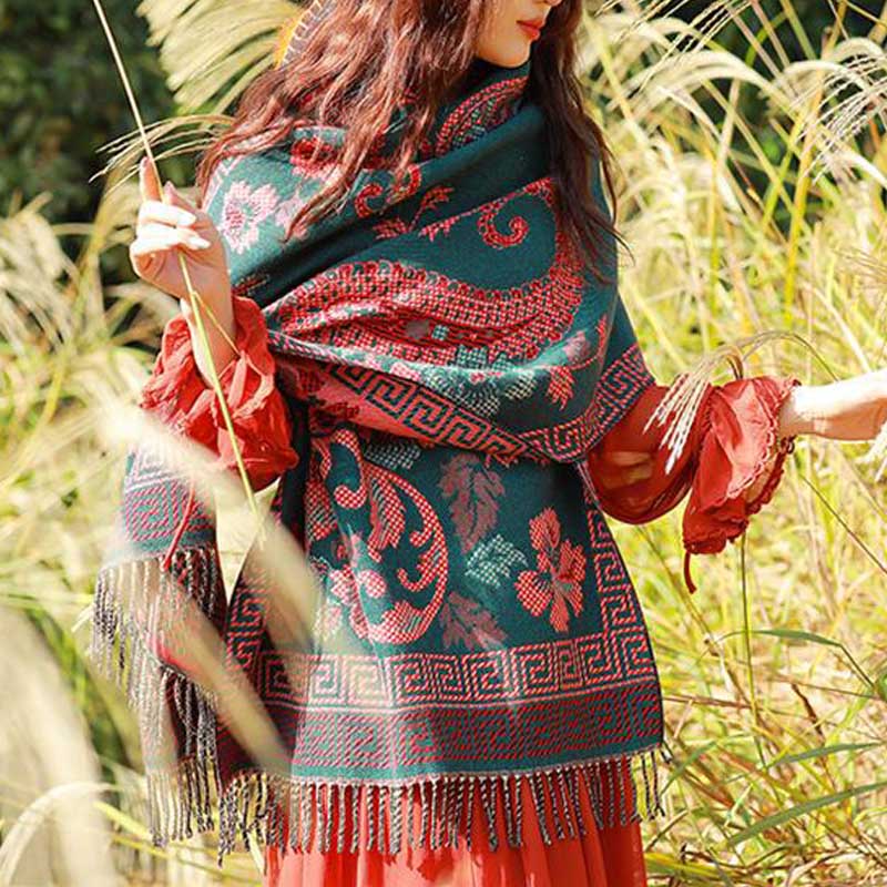 BWOOOH Tibetan Flowers Leaves Pattern Design Shawl Cozy T