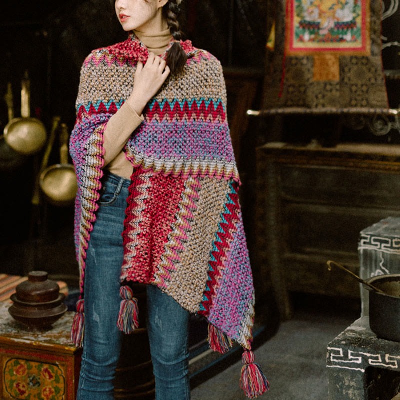 BWOOOH Tibetan Shawl Warm Cloak Tibetan Tassel Scarf