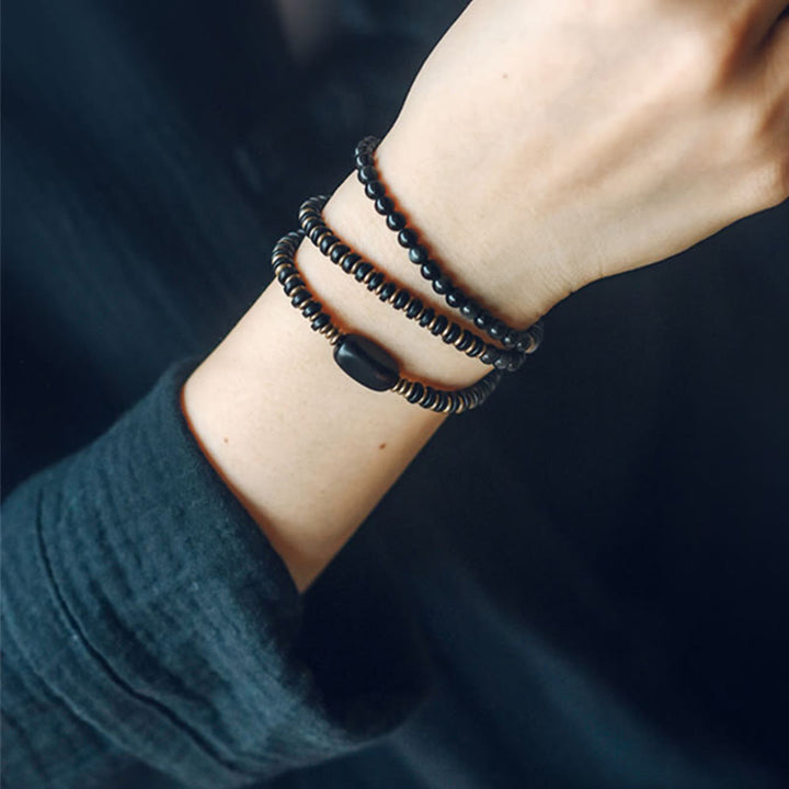 BWOOOH Rainbow Obsidian Ebony Wood Copper Healing Triple Wrap Bracelet