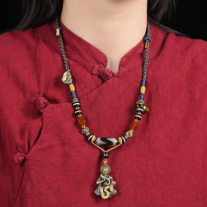 Buddha Stones Handmade Buddha Snake Skull Head Dzi Bead Serenity Rope Necklace Pendant (Extra 35% Off | USE CODE: FS35)