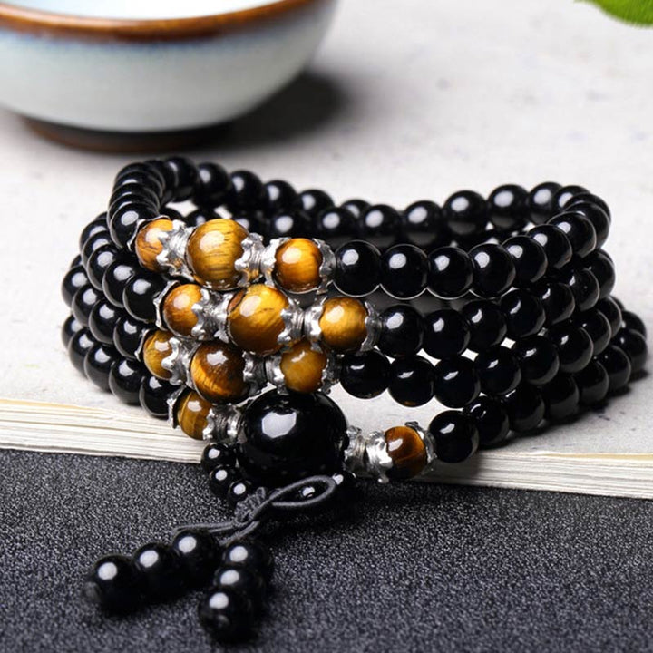 BWOOOH 108 Beads Natural Black Obsidian Tiger Eye Red Agate Mala Bracelet