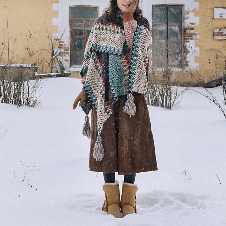 BWOOOH Tibetan Shawl Blue Beige Red Wavy Pattern Winter W