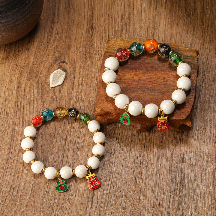 BWOOOH Tibetan Incense Ash Porcelain Luminous Fluorescent Liuli Glass Bead Gourd Copper Coin Charm Peace Bracelet