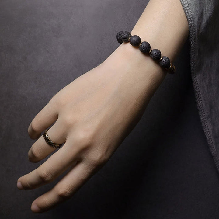 BWOOOH Lava Rock Stone Rainbow Obsidian Brass Support Healing Bracelet